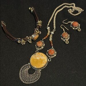 Yellow agate, carnelian, fluorite, & garnet necklace, bracelet & earrings set